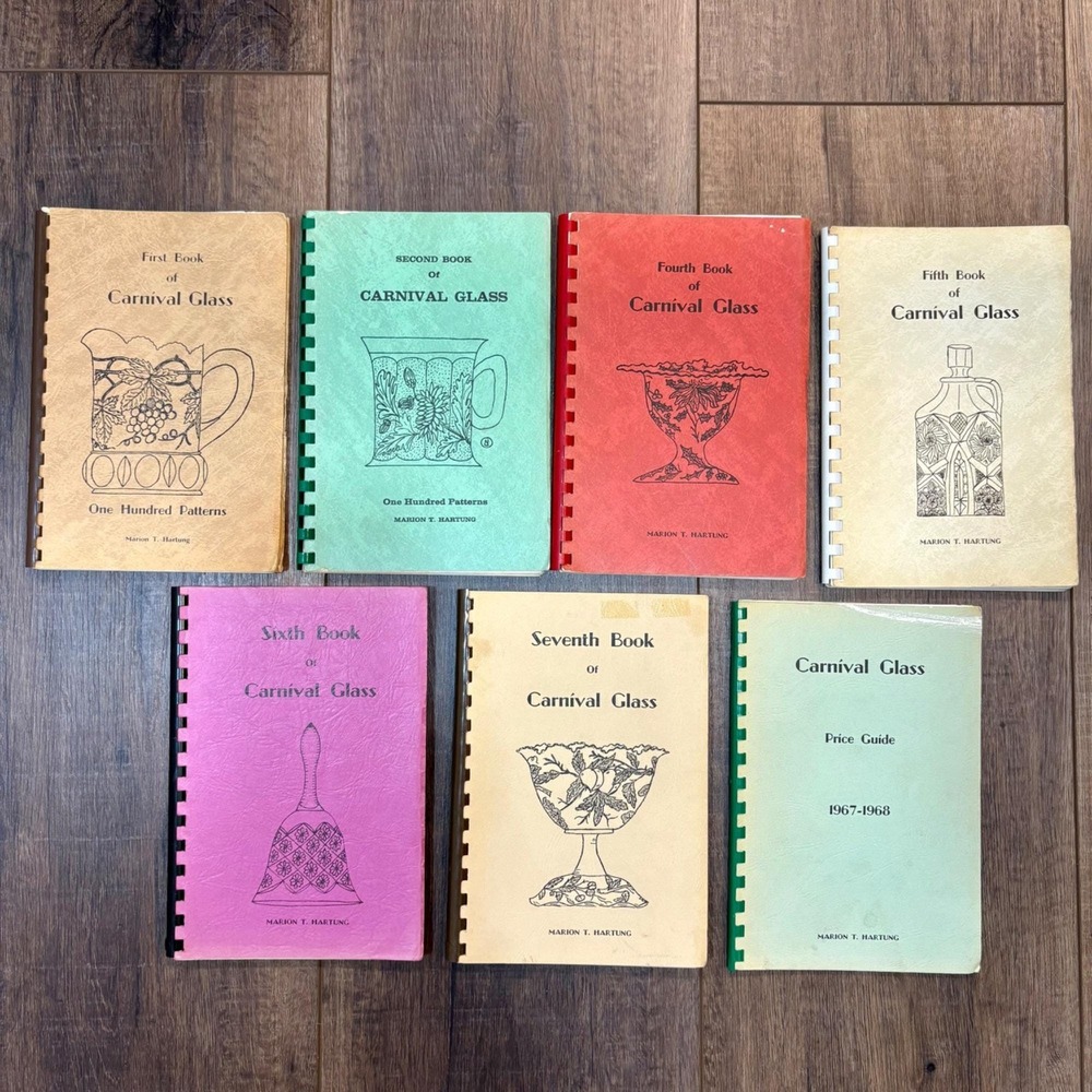 Set Of 7 Hartung Carnival Glass Reference Books 1,2,4,5,6,7 & Price Guide 1967‎
